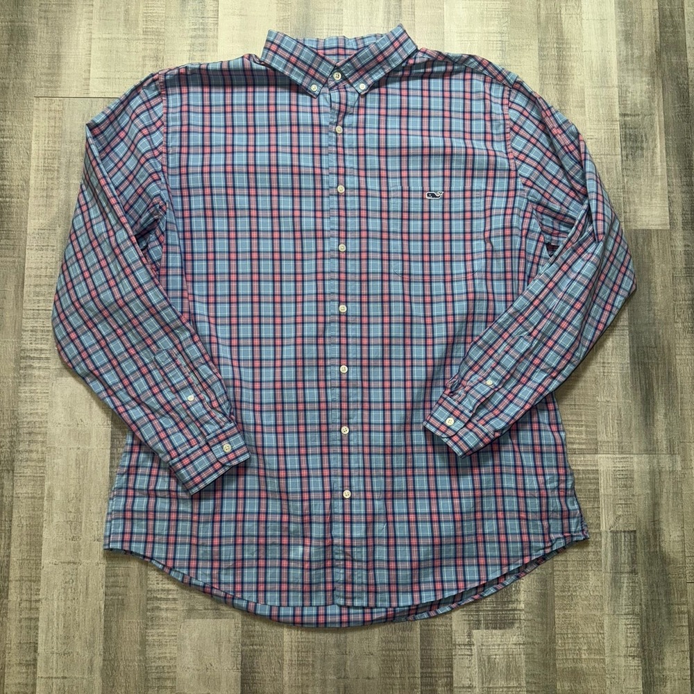 Vineyard Vines Mens Classic Fit Tucker Shirt Blue Pink Plaid Button Down XL Tall